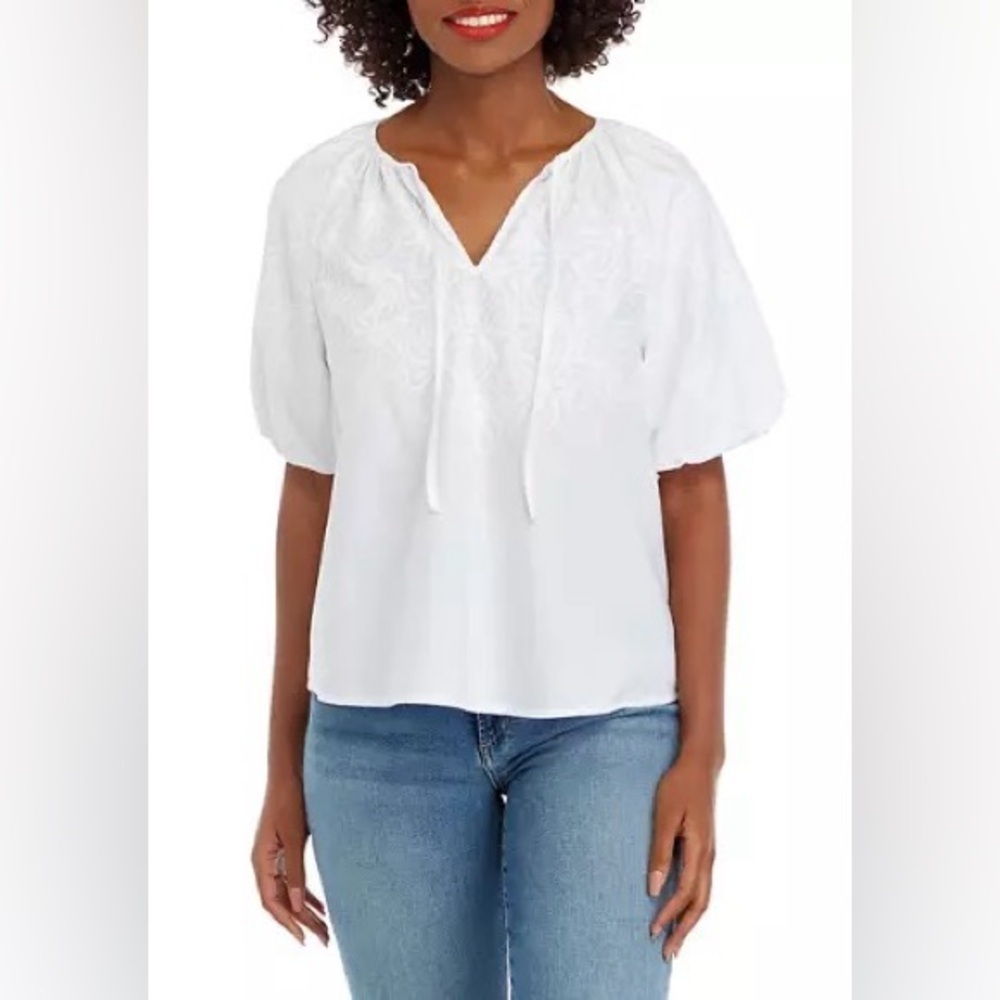 Wonderly White embroidered puff sleeve tie neck top size XXL